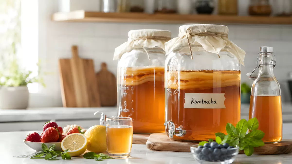 Hausgemachter Kombucha in Glasgefäßen mit frischen Früchten