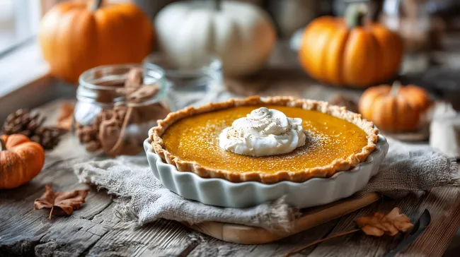 Hausgemachter Kürbiskuchen mit Sahne auf rustikalem Holztisch