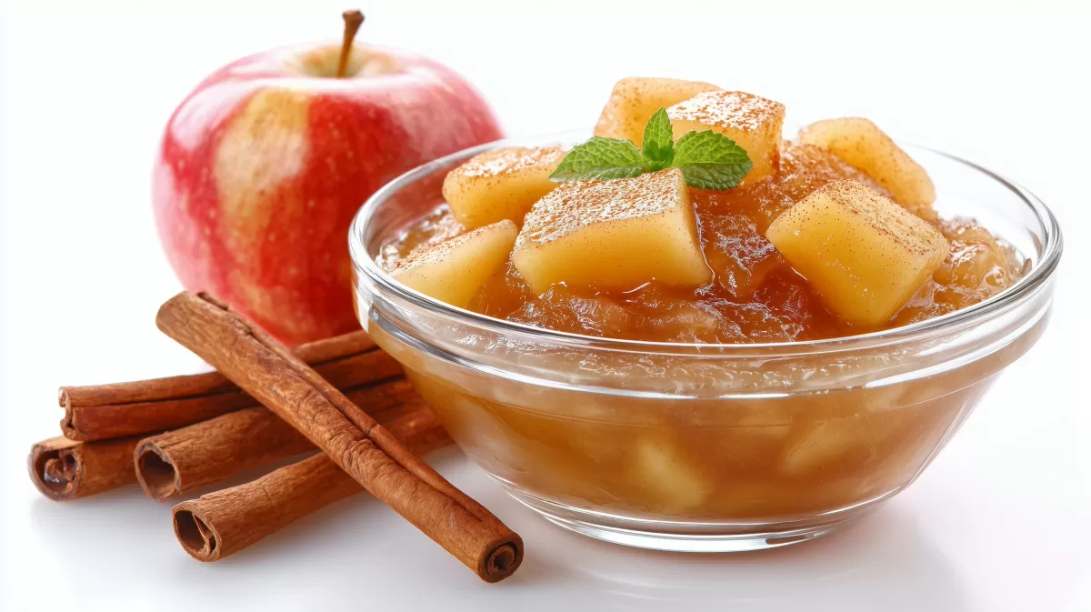 Hausgemachtes Apfelkompott mit Zimt in Glasschale