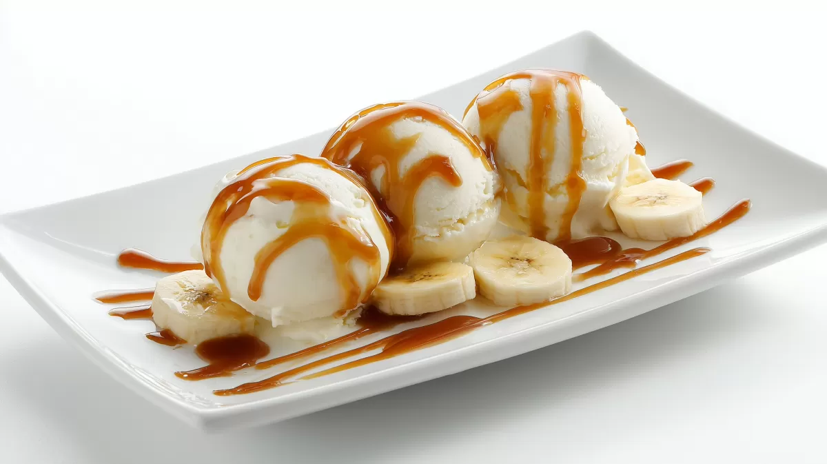 Hausgemachtes Bananeneis mit Karamellsauce auf Teller