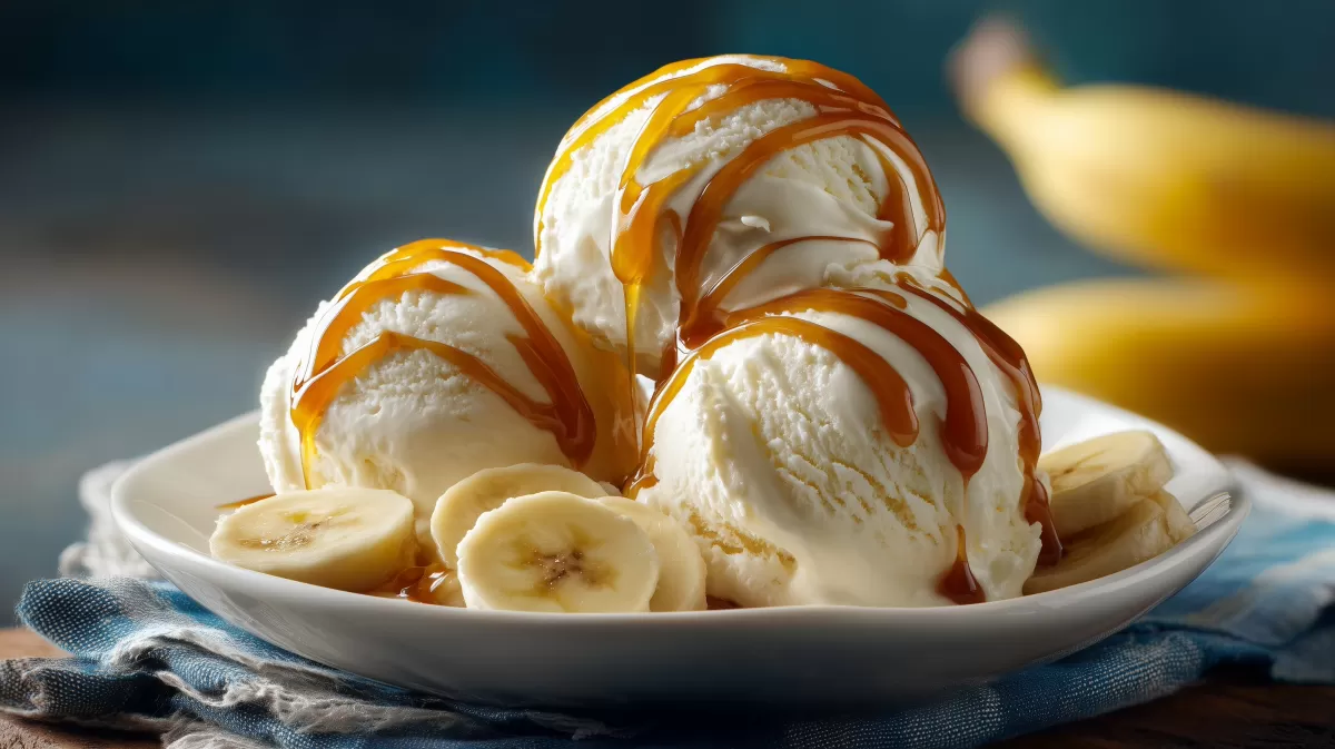 Hausgemachtes Bananeneis mit Karamellsauce im Teller