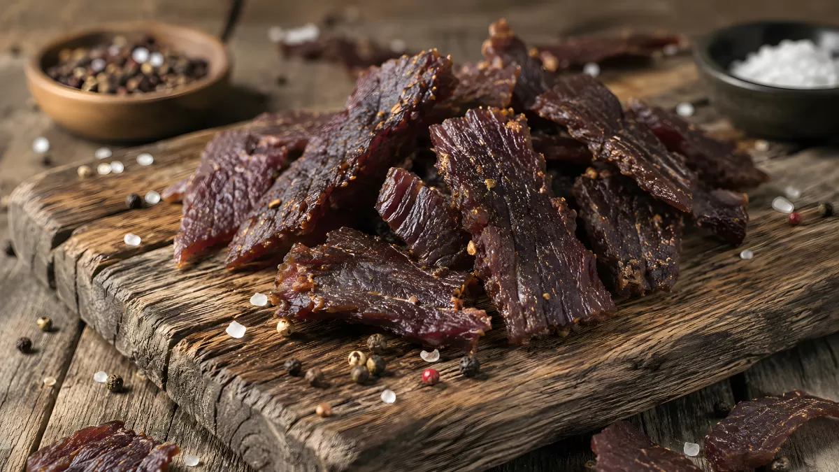 Hausgemachtes Beef Jerky auf rustikalem Holzbrett