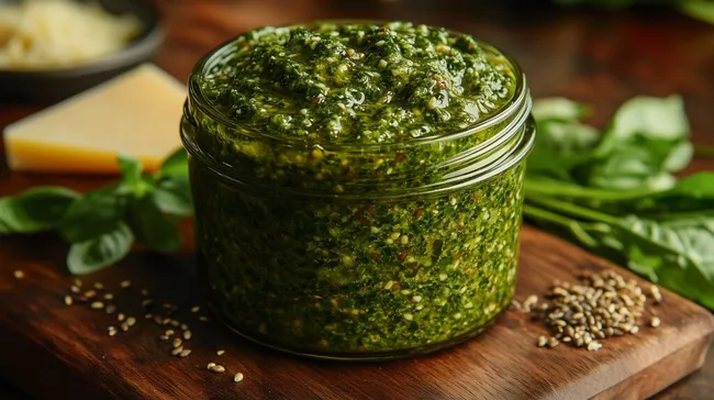 Hausgemachtes grünes Basilikumpesto in Glasgefäß