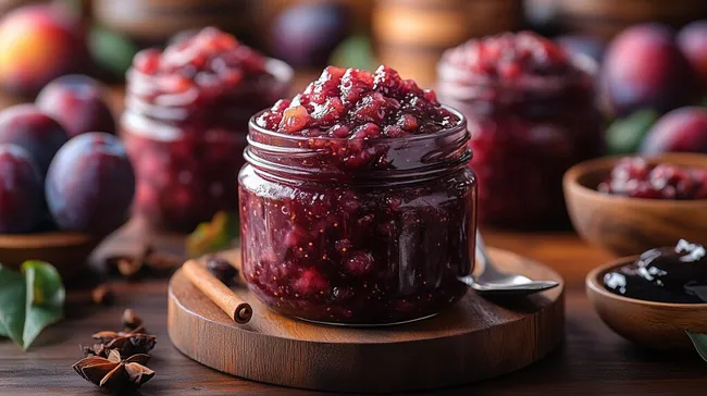 Hausgemachtes Pflaumen-Chutney in Glasgefäß