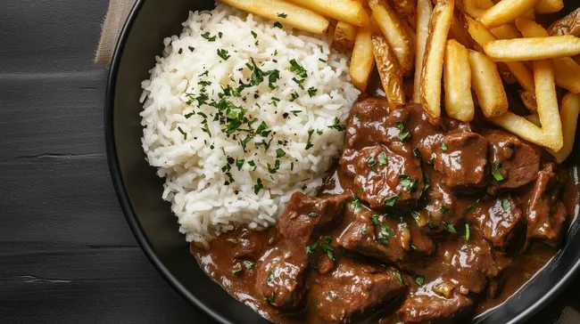 Hausgemachtes Rindergulasch mit Reis und Pommes
