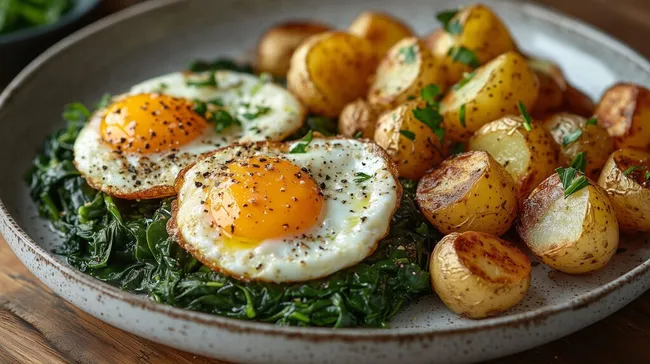 Hausgemachtes Spinat-Brunch-Gericht mit Spiegeleiern und Bratkartoffeln