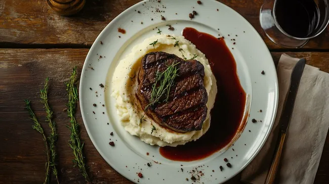 Hausgemachtes Steak mit Kartoffelpüree und Rotweinsauce