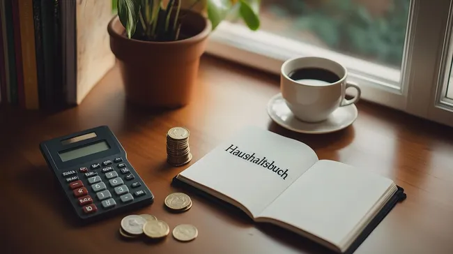 Haushaltsbuch mit Münzen und Taschenrechner auf Holztisch