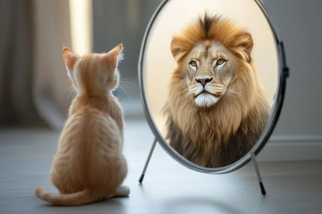 Hauskatze betrachtet ihr Spiegelbild mit Löwenansicht