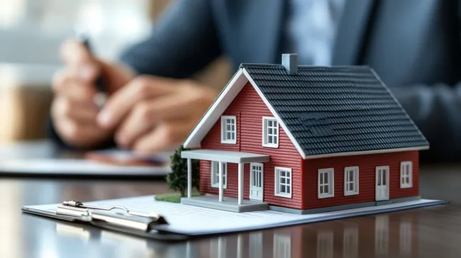 Hausmodell und Immobiliendokumente auf Tisch