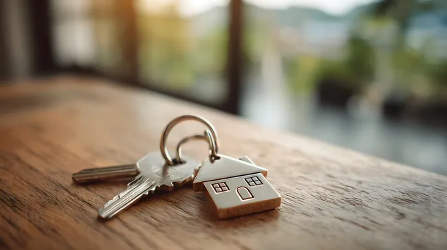 Hausschlüssel mit Hausanhänger auf Holztisch