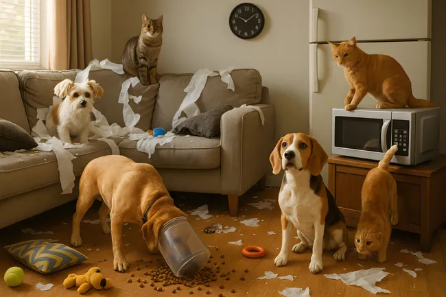 Haustiere verursachen Unordnung im Wohnzimmer