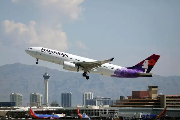 Hawaiian Airlines plane taking off from Las Vegas Airport, LAS