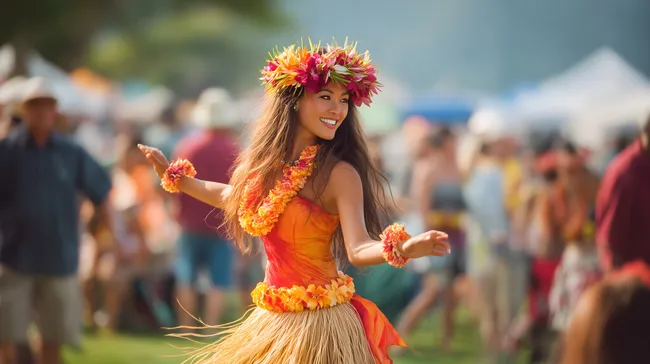 Hawaiianische Tänzerin in bunter Blumengarderobe