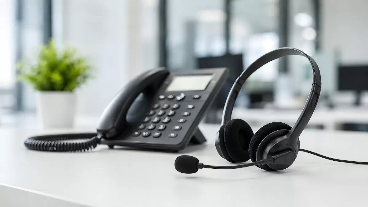 Headset und Bürotelefon auf weißem Schreibtisch