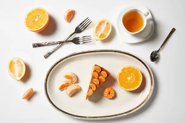 Healthy breakfast with fruits, gluten-free cake and fruits