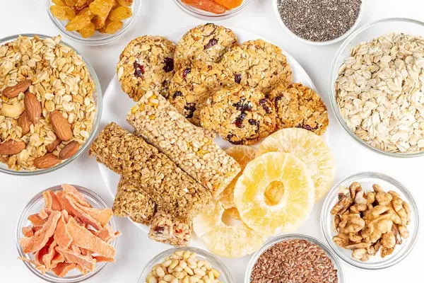 Healthy desserts from dried fruits, nuts, seeds and oatmeal. The view from the top