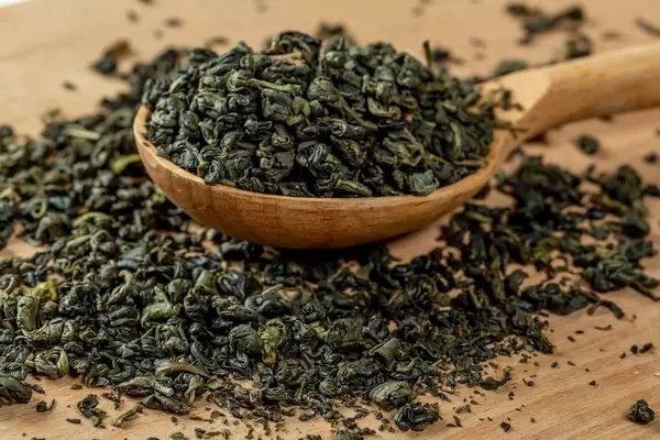 Healthy dry green tea on a wooden spoon