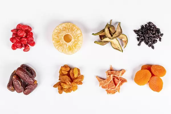 Healthy food concept, assortment of dried fruits and berries
