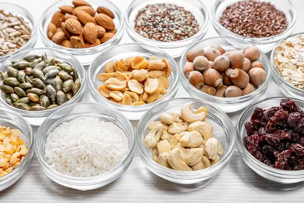 Healthy food ingredients in glass bowls