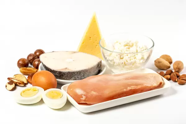 Healthy food products - fish, chicken, eggs, dairy products and nuts