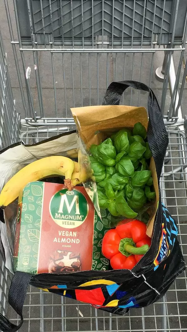 Healthy groceries in a shopping cart and the vegan ice cream "Magnum vegan almond" from Aldi South