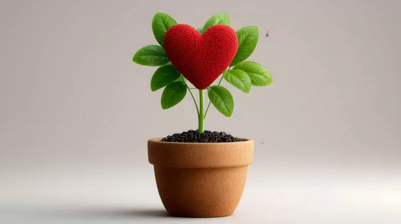 Heart-shaped fruit growing on green plant in clay pot