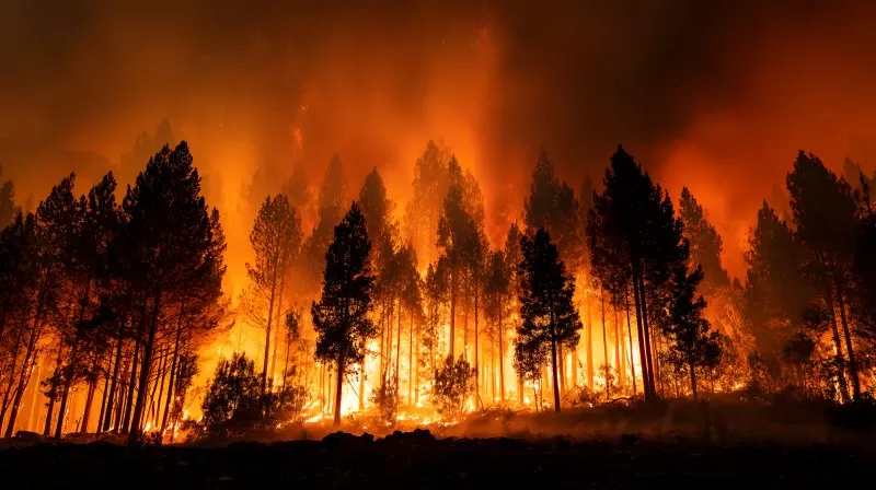 Heftiger Waldbrand mit lodernden Flammen in dichtem Wald