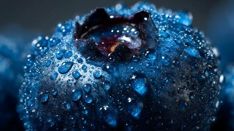 Heidelbeere in Nahaufnahme mit frischen Wassertropfen