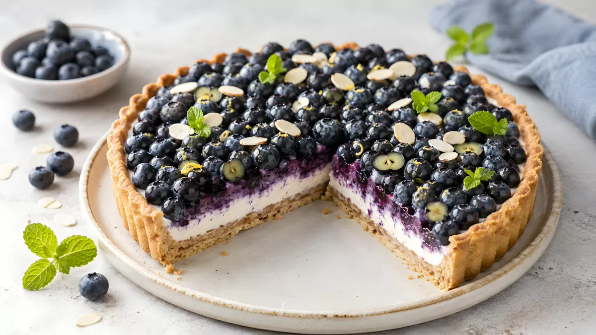 Heidelbeertarte mit Frischkäsecreme und Mandeln