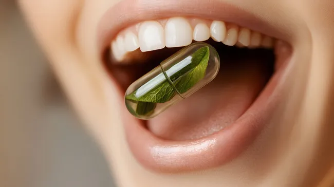 Heilsame Kapsel zwischen weißen Zähnen