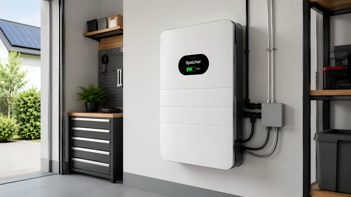 Heimspeicher an Garagenwand mit Solaranlage im Hintergrund