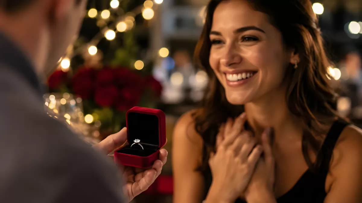 Heiratsantrag mit Diamantring beim Candle-Light-Dinner