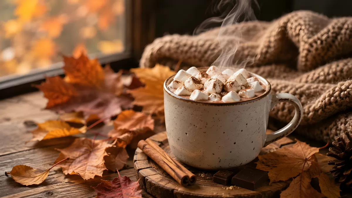 Heiße Kakaobecher mit Marshmallows im Herbstambiente