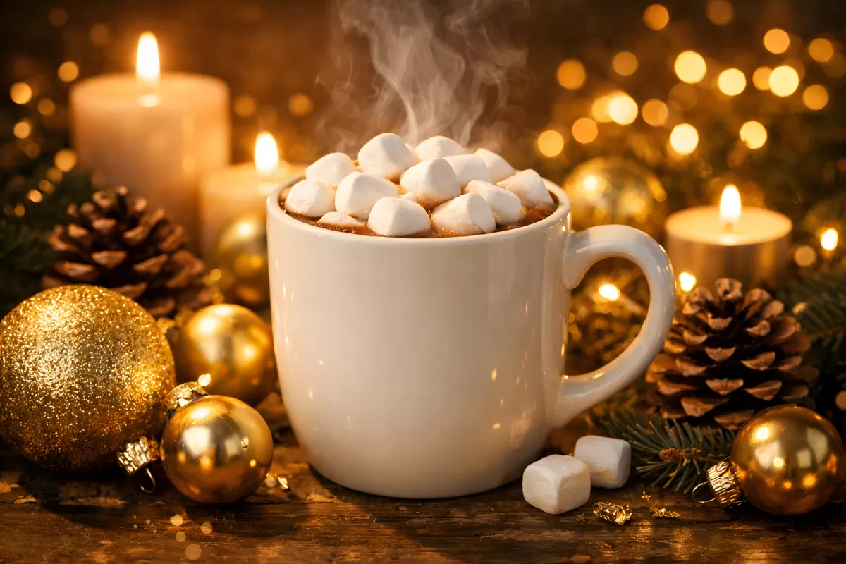 Heiße Schokolade mit Marshmallows im Weihnachtsdekoration