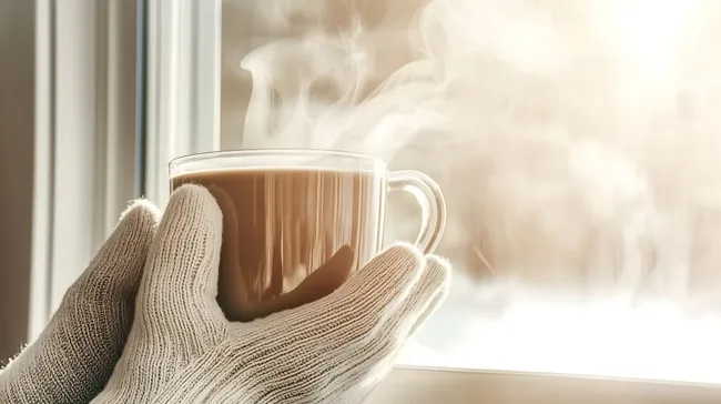 Heiße Tasse Kaffee in wärmenden Handschuhen