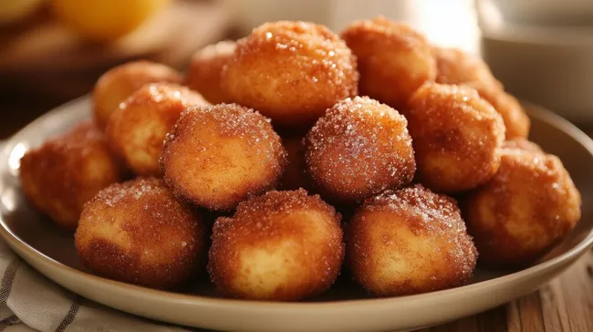Heiße, zuckrige Quarkbällchen in rustikaler Schale