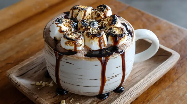 Heißer, cremiger Mocha-Kakao mit gerösteten Marshmallows