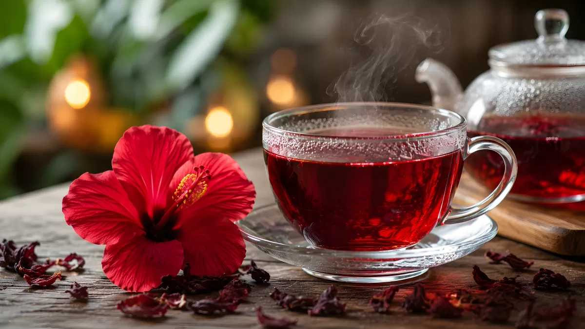 Heißer Hibiskustee in Glasstasse mit roter Blüte