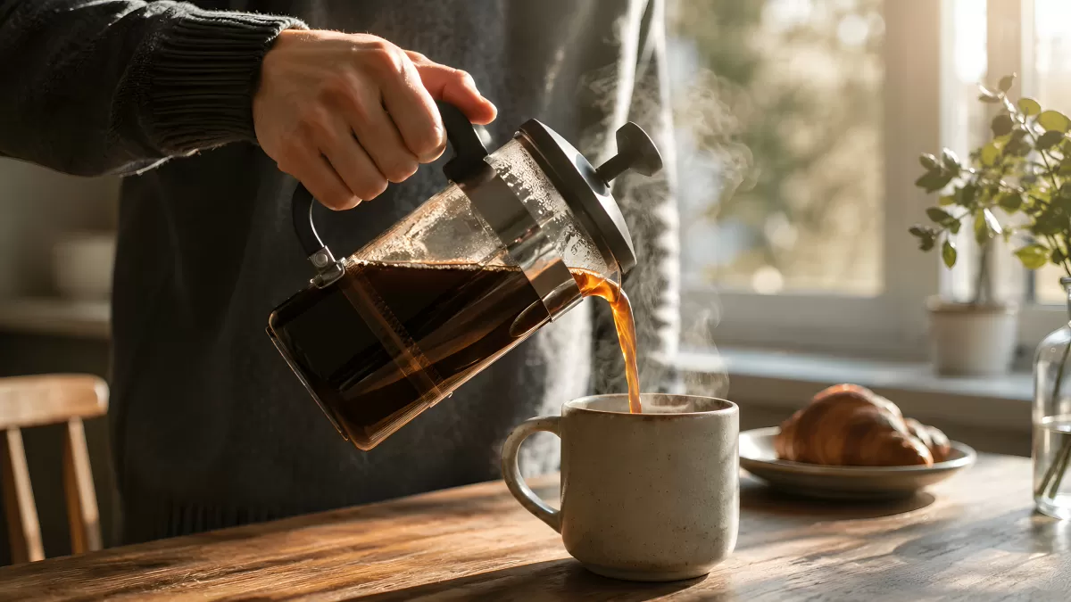 Heißer Kaffee wird aus French Press in Tasse gegossen