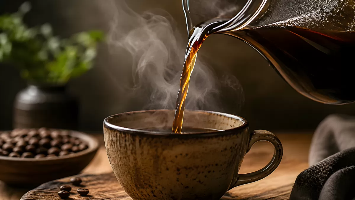 Heißer Kaffee wird in rustikale Keramiktasse gegossen