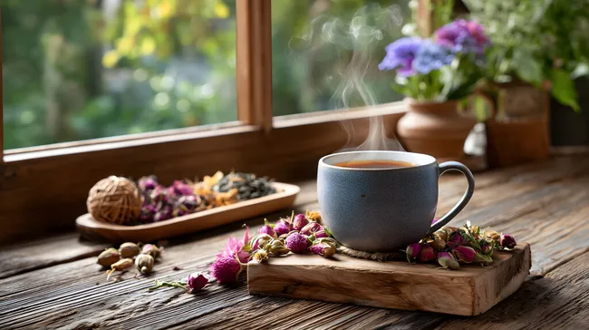 Heißer Kräutertee mit Blüten am Fenster