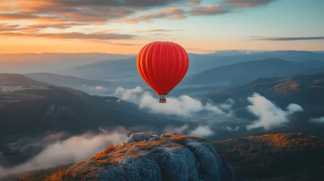 Heißluftballon über herbstlicher Berglandschaft