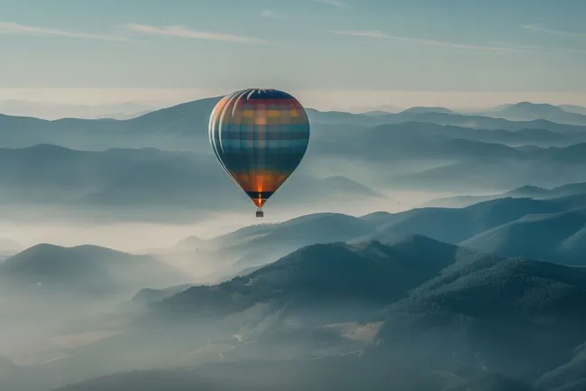Heißluftballon über nebligen Berglandschaft