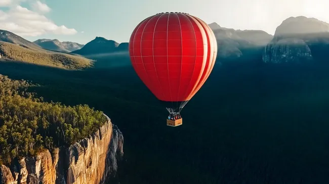 Heißluftballon über spektakulärer Berglandschaft