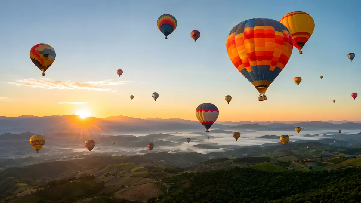 Heißluftballons über nebligen Bergen im Sonnenaufgang