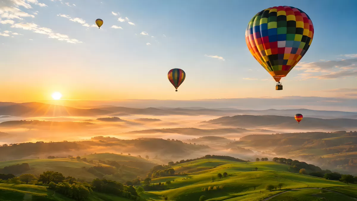 Heißluftballons über nebligen Hügeln beim Sonnenaufgang