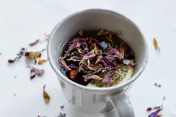 Heißgetränk mit lila Blütenmischung