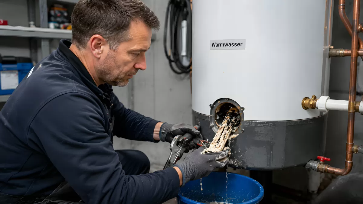 Heizungsmonteur reinigt Warmwasserspeicher von Kalkablagerungen