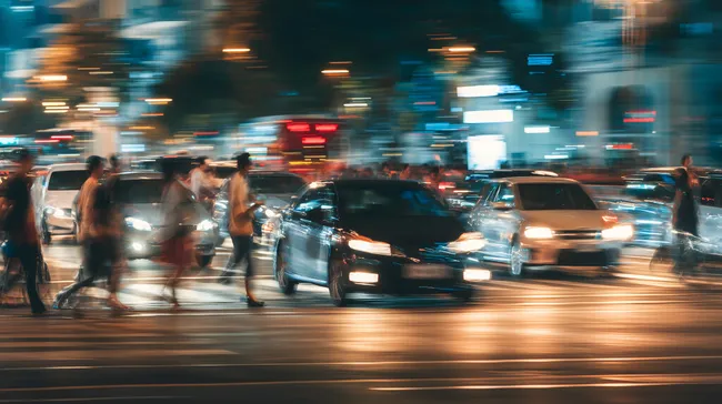 Hektische Stadtverkehrszene in der Nacht